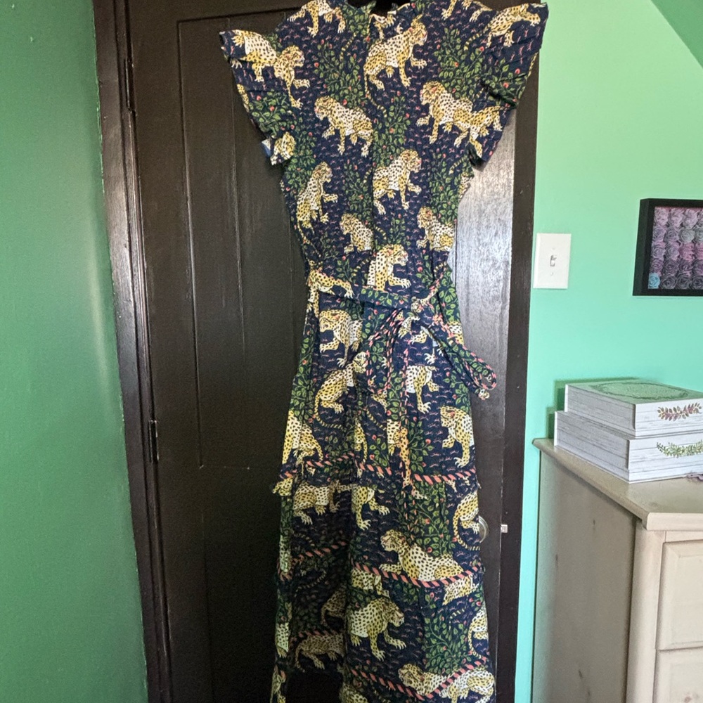 Navy Blue Maxi Dress with Yellow Leopard Print